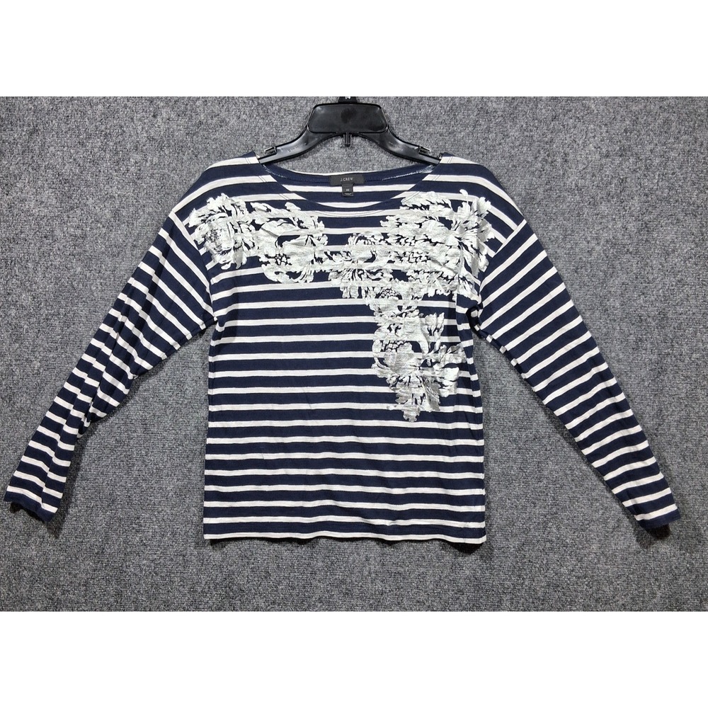 J.Crew Womens XS Navy Blue White Striped Silver Floral Foil Long Sleeve Top